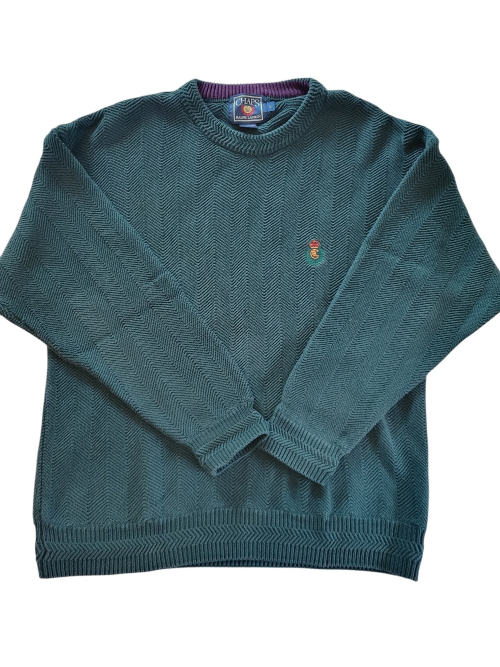Vintage 90s Chaps Ralph Lauren Mens Large Green Herringbone Sweater Crest USA
